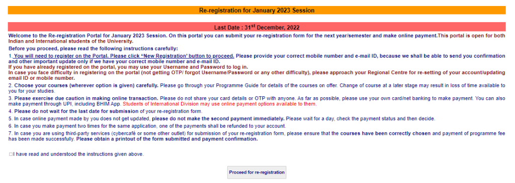 IGNOU Re-registration portal