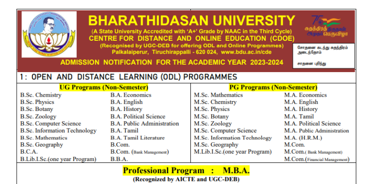Bharathidasan University distance education Admission 2023-24